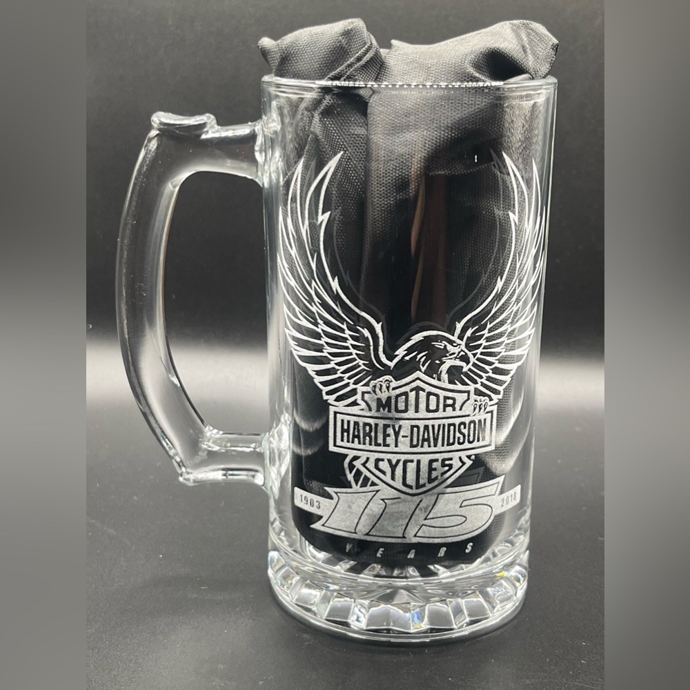 Harley Davidson 115th Anniversary 16oz Beer Mug – Etched Eagle Glass Barware